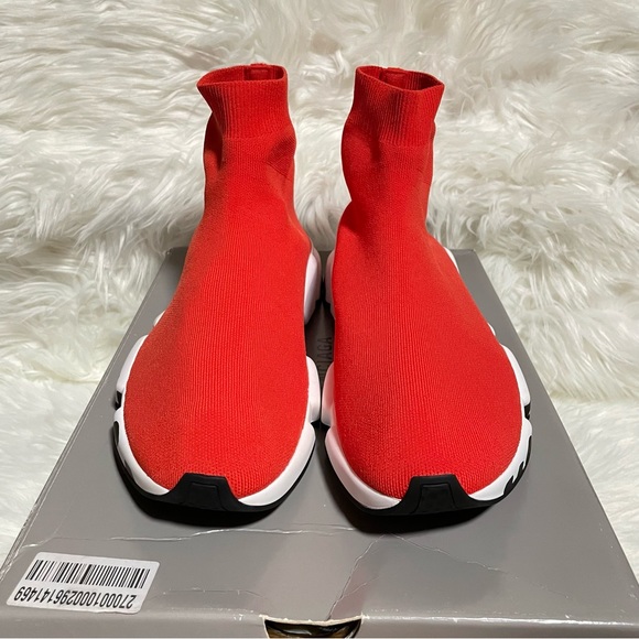 Balenciaga Men’s Speed LT Graffiti Recycled Knit Trainers Red/Black/White - Picture 4 of 9